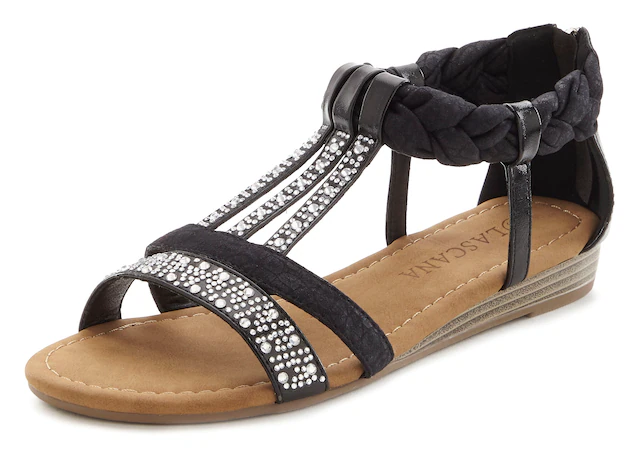 LASCANA Sandale »Sommerschuh, Sandalette« mit Glitzersteinen und kleinem Keilabsatz im Festival-Look VEGAN