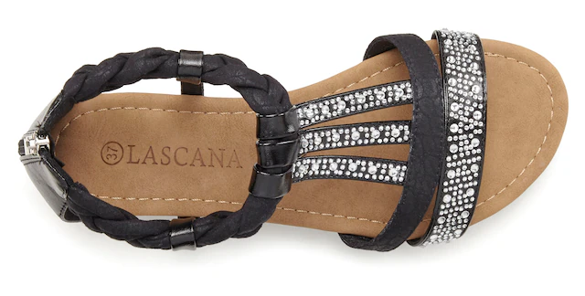 LASCANA Sandale »Sommerschuh, Sandalette« mit Glitzersteinen und kleinem Keilabsatz im Festival-Look VEGAN