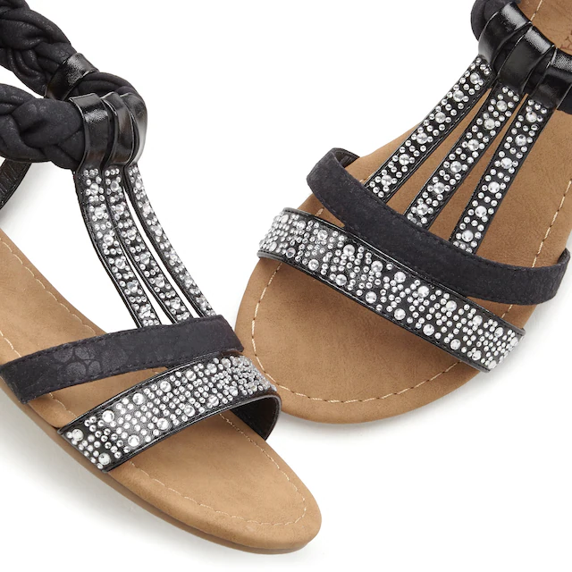 LASCANA Sandale »Sommerschuh, Sandalette« mit Glitzersteinen und kleinem Keilabsatz im Festival-Look VEGAN
