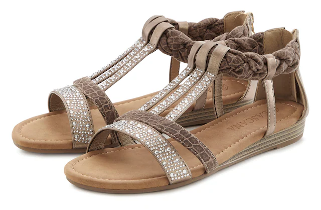 LASCANA Sandale »Sommerschuh, Sandalette« mit Glitzersteinen und kleinem Keilabsatz im Festival-Look VEGAN