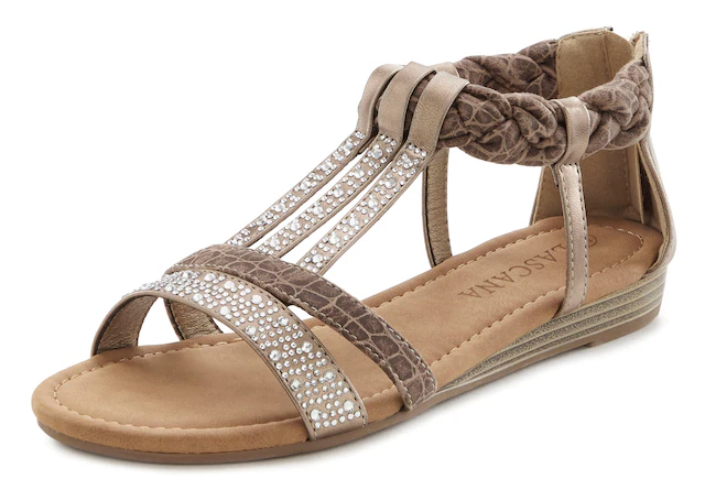 LASCANA Sandale »Sommerschuh, Sandalette« mit Glitzersteinen und kleinem Keilabsatz im Festival-Look VEGAN