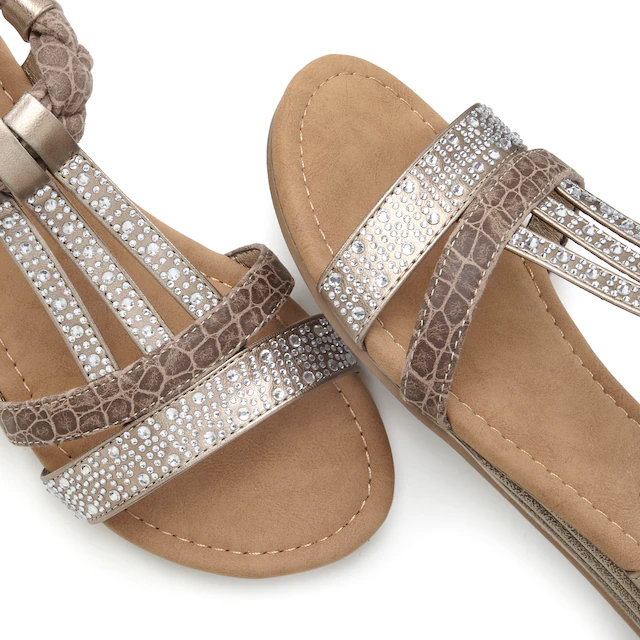 LASCANA Sandale »Sommerschuh, Sandalette« mit Glitzersteinen und kleinem Keilabsatz im Festival-Look VEGAN
