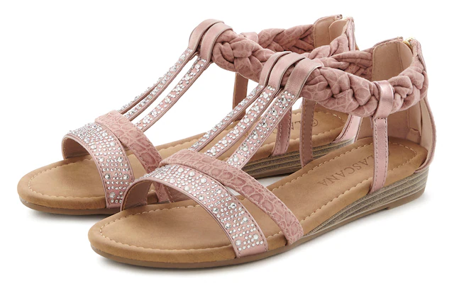 LASCANA Sandale »Sommerschuh, Sandalette« mit Glitzersteinen und kleinem Keilabsatz im Festival-Look VEGAN