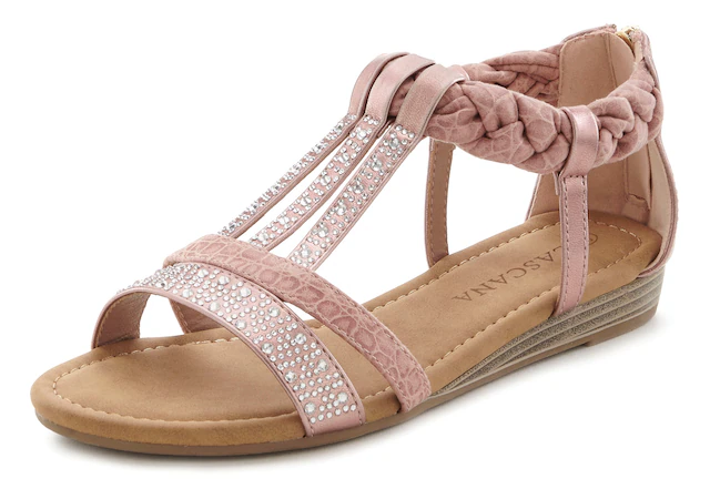 LASCANA Sandale »Sommerschuh, Sandalette« mit Glitzersteinen und kleinem Keilabsatz im Festival-Look VEGAN