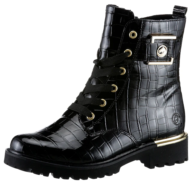 Remonte Schnürstiefelette , Blockabsatz, Schnürboots im Kroko-Look, Innenreißverschluss