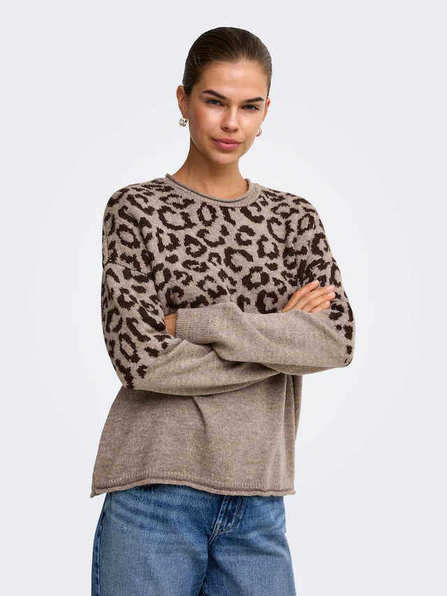 ONLY Rundhalspullover »ONLJADE ANIMAL LS O-NECK NOOS KNT« Kunstfaser, regular fit