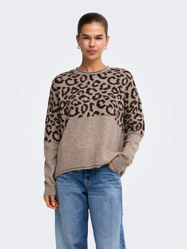 ONLY Rundhalspullover »ONLJADE ANIMAL LS O-NECK NOOS KNT« Kunstfaser, regular fit