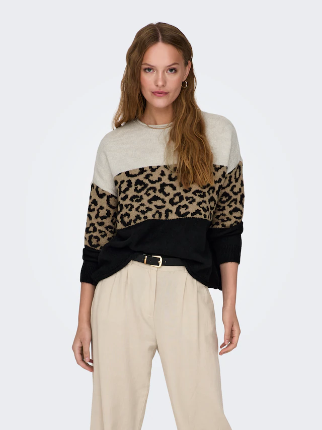 ONLY Rundhalspullover »ONLJADE ANIMAL LS O-NECK NOOS KNT« Kunstfaser, regular fit