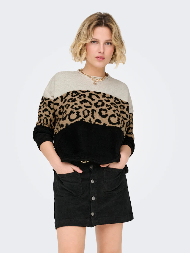 ONLY Rundhalspullover »ONLJADE ANIMAL LS O-NECK NOOS KNT« Kunstfaser, regular fit