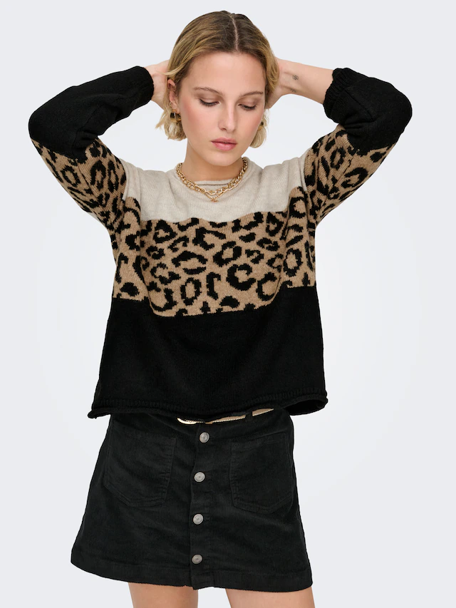 ONLY Rundhalspullover »ONLJADE ANIMAL LS O-NECK NOOS KNT« Kunstfaser, regular fit