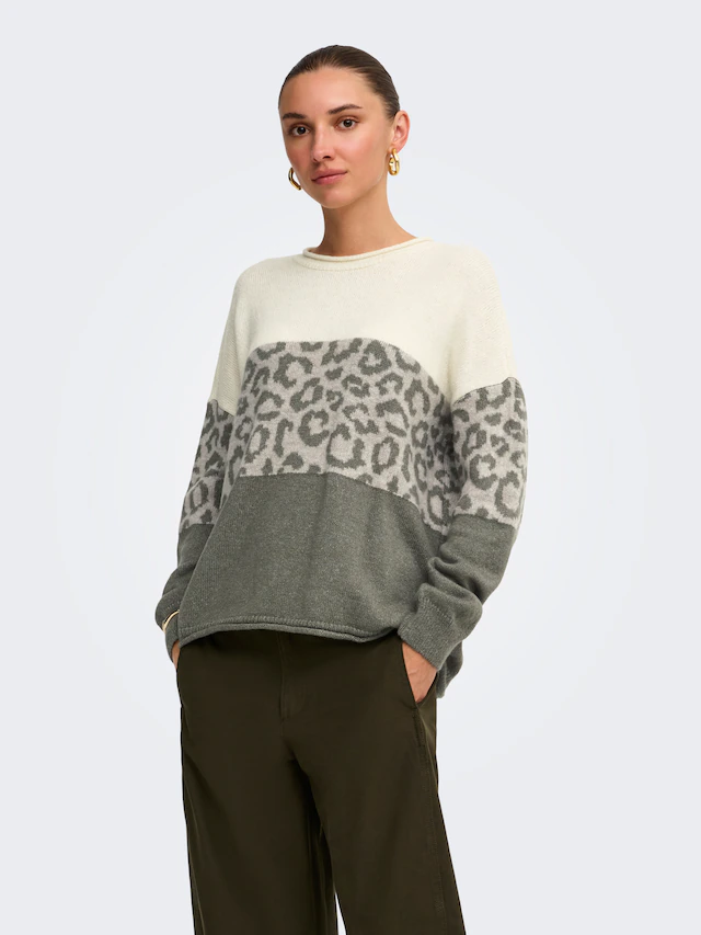ONLY Rundhalspullover »ONLJADE ANIMAL LS O-NECK NOOS KNT« Kunstfaser, regular fit