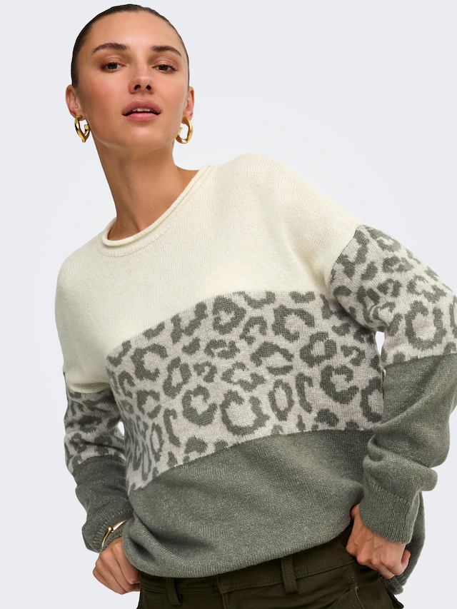 ONLY Rundhalspullover »ONLJADE ANIMAL LS O-NECK NOOS KNT« Kunstfaser, regular fit