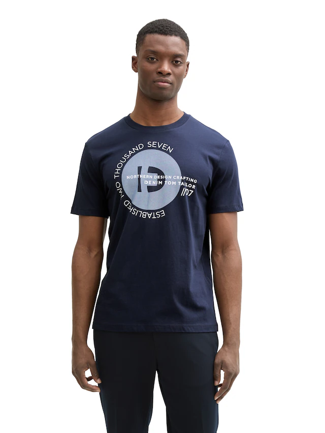TOM TAILOR Denim Rundhalsshirt mit verschiedenen Logo Prints