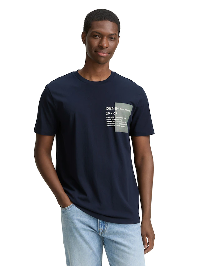 TOM TAILOR Denim Rundhalsshirt mit verschiedenen Logo Prints