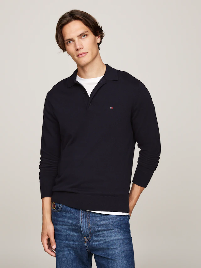 Tommy Hilfiger Polokragenpullover »PIMA ORG CTN CASHMERE LS« Flag-Stickerei auf Brust