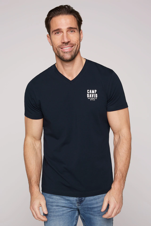 CAMP DAVID V-Shirt mit V-Ausschnitt, mit Logo-Print