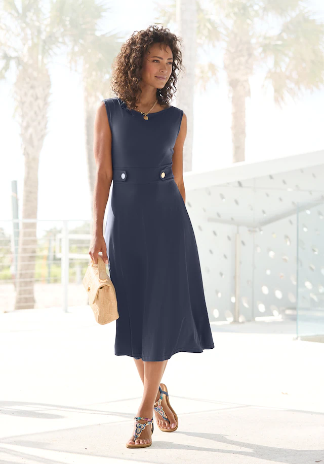 LASCANA Midikleid »mit dekorativen Riegeln und goldenen Zierknöpfen, bügelfreie Qualität« Ohne Taschen Elegantes Sommerkleid, Trägerkleid, Partykleid, festlich