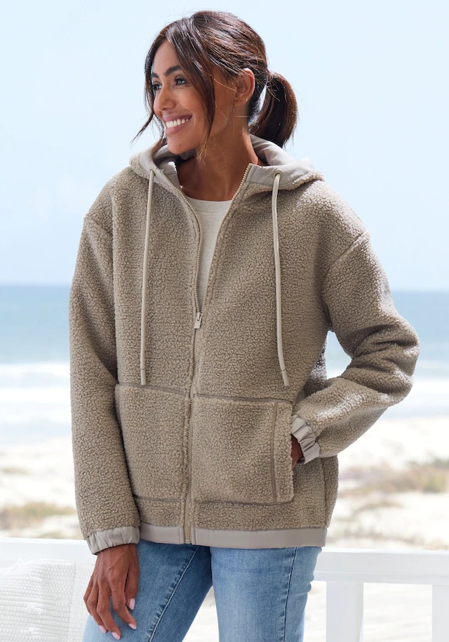 Elbsand Fleecejacke mit Kapuze Übergangsjacke aus Teddy-Fleece mit verstellbarer Kapuze