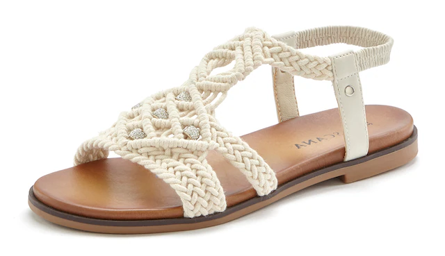 LASCANA Sandale »Sommerschuh, offener Schuh, Pantolette,« in trendiger Häkeloptik, Glitzerdetails und elastischen Riemchen