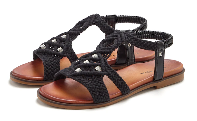 LASCANA Sandale »Sommerschuh, offener Schuh, Pantolette,« in trendiger Häkeloptik, Glitzerdetails und elastischen Riemchen