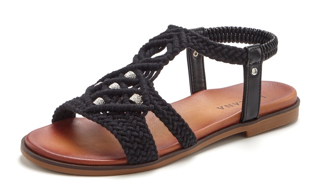 LASCANA Sandale »Sommerschuh, offener Schuh, Pantolette,« in trendiger Häkeloptik, Glitzerdetails und elastischen Riemchen