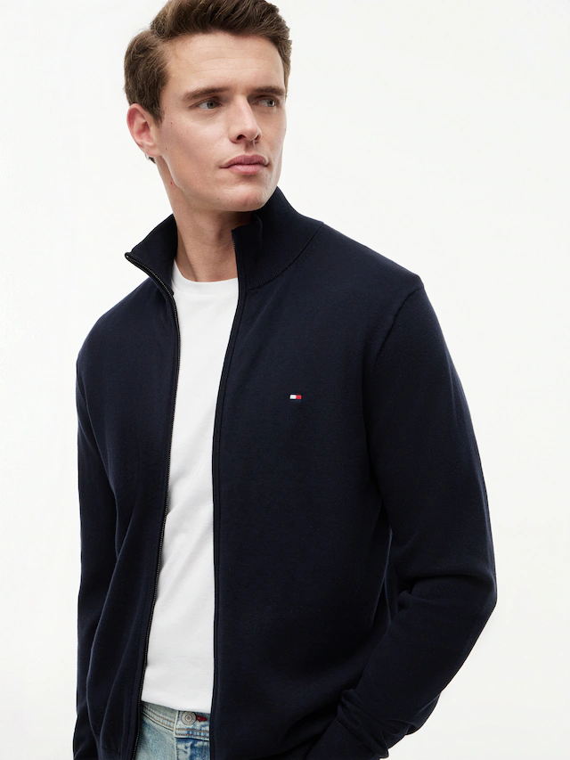 Tommy Hilfiger Strickjacke »ESSENTIAL COTTON ZIP THRU« mit Logostickerei