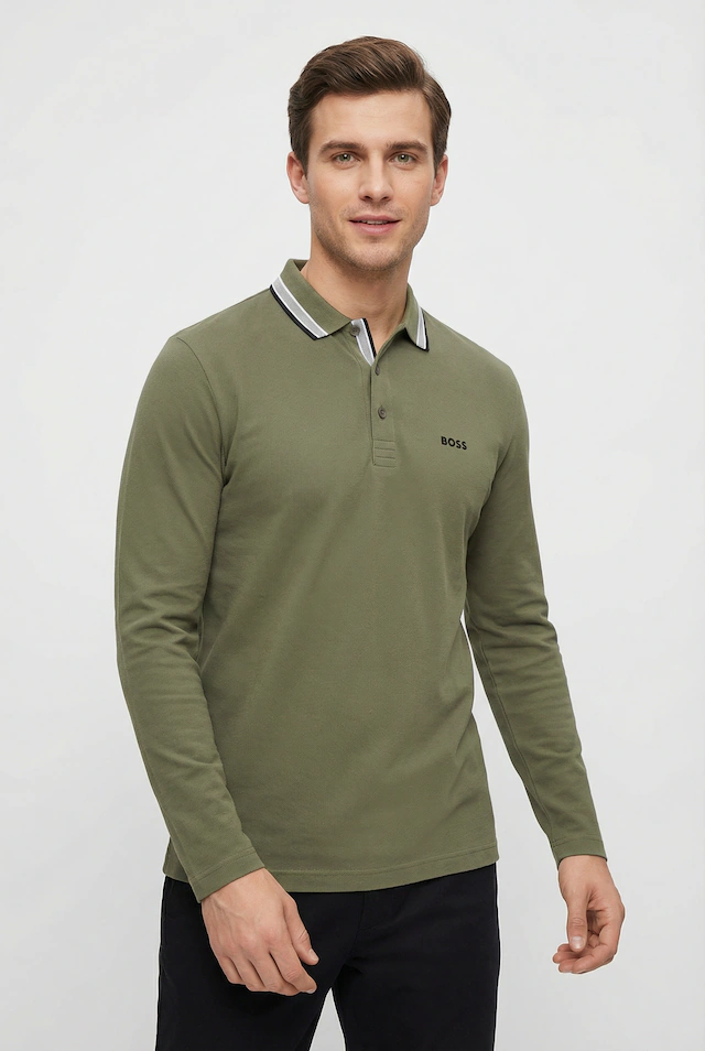 BOSS GREEN Langarm-Poloshirt »Plisy« mit Streifen am Kragen