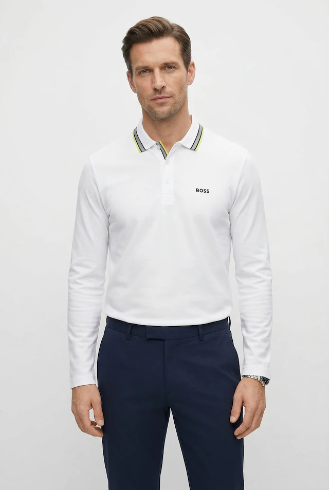 BOSS GREEN Langarm-Poloshirt »Plisy« mit Streifen am Kragen