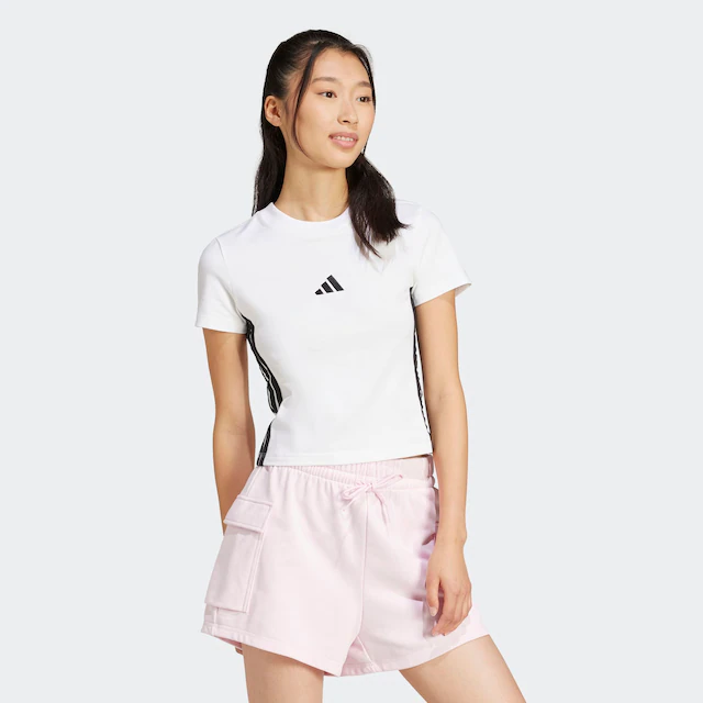 adidas Sportswear T-Shirt »ESSENTIALS 3-STREIFEN SLIM BABY« schmale Passform, Rundhalsausschnitt, mit Elasthan-Anteil