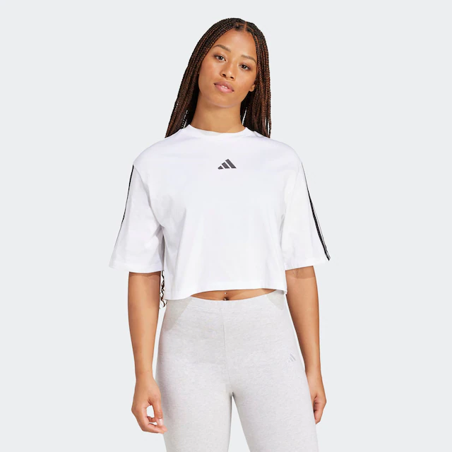 adidas Sportswear T-Shirt »ESSENTIALS 3-STREIFEN COTTON LOOSE« mit Rundhalsausschnitt, bauchfreie Schnittform, ohne Verschluss
