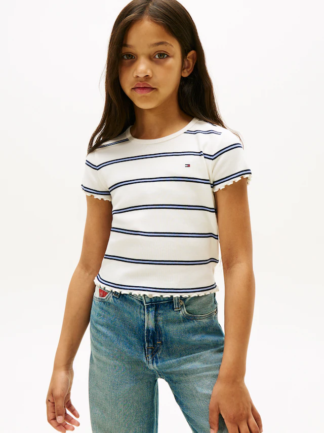 Tommy Hilfiger T-Shirt »ESSENTIAL RIB TOP mit Babylock-Kanten und Stickerei« unifarben, casual, regular fit, Baumwollmix, Rundhals