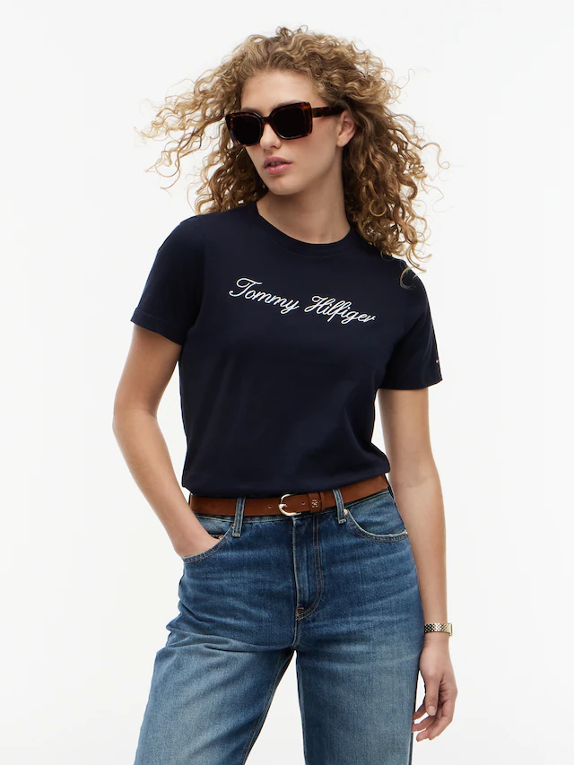 Tommy Hilfiger T-Shirt »NOS SCRIPT REGULAR C-NK SHORT SLEEVE« mit Rundhals und kontrastfarbener Stickerei, Regular Fit