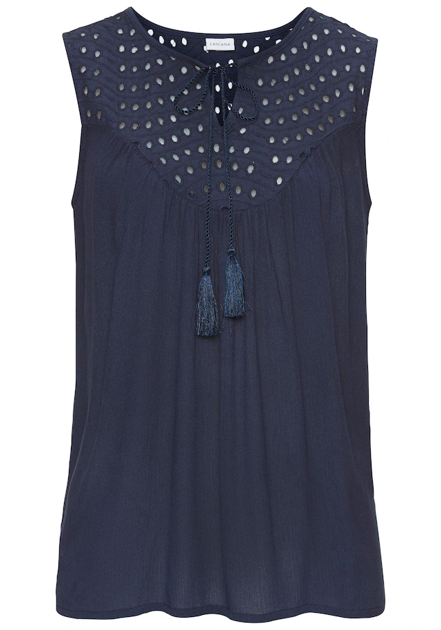 LASCANA Blusentop »mit Lochstickerei am Ausschnitt, leicht transparent« modische Damenbluse, ärmellose Bluse mit lockerer Passform, Boho-Stil