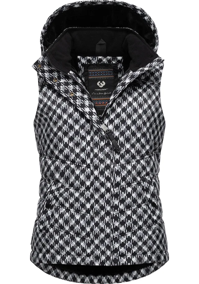 Ragwear Steppweste »Hesty Print« Weste mit abnehmbarer Kapuze und Hahnentritt Muster