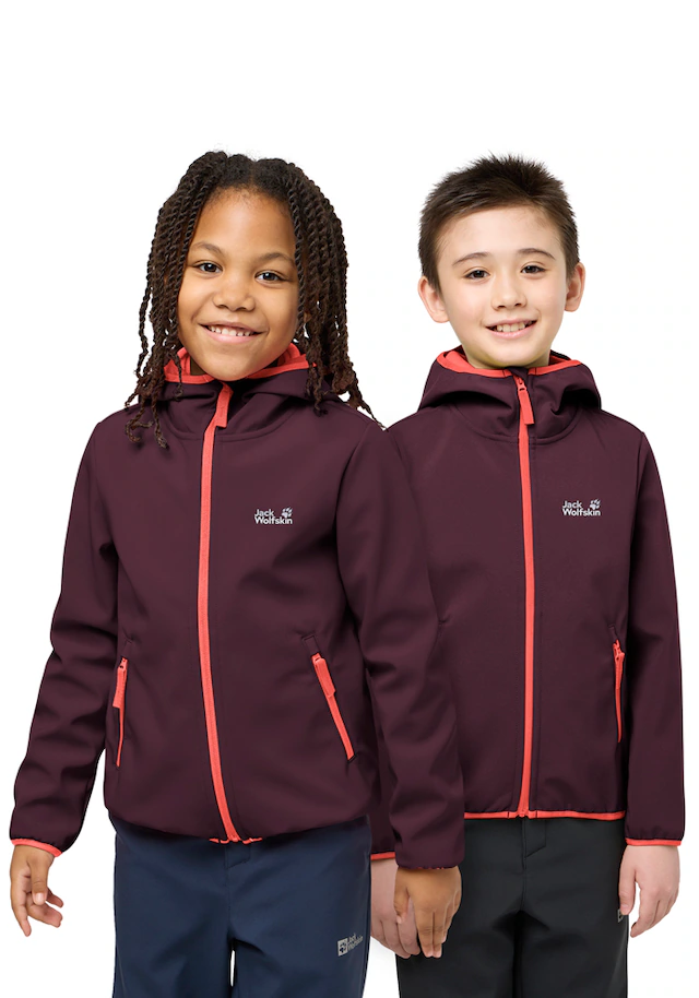 Jack Wolfskin Softshelljacke »FOURWINDS JACKET KIDS« mit Kapuze für Kinder, mit fest verbundener Kapuze, winddicht, gefüttert