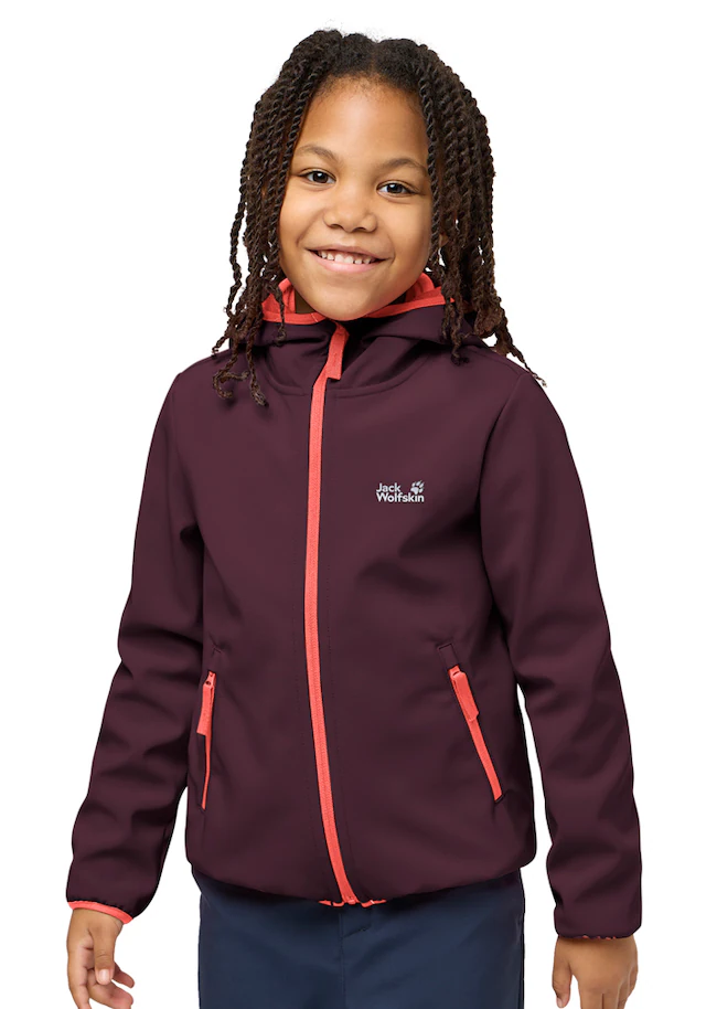 Jack Wolfskin Softshelljacke »FOURWINDS JACKET KIDS« mit Kapuze für Kinder, mit fest verbundener Kapuze, winddicht, gefüttert