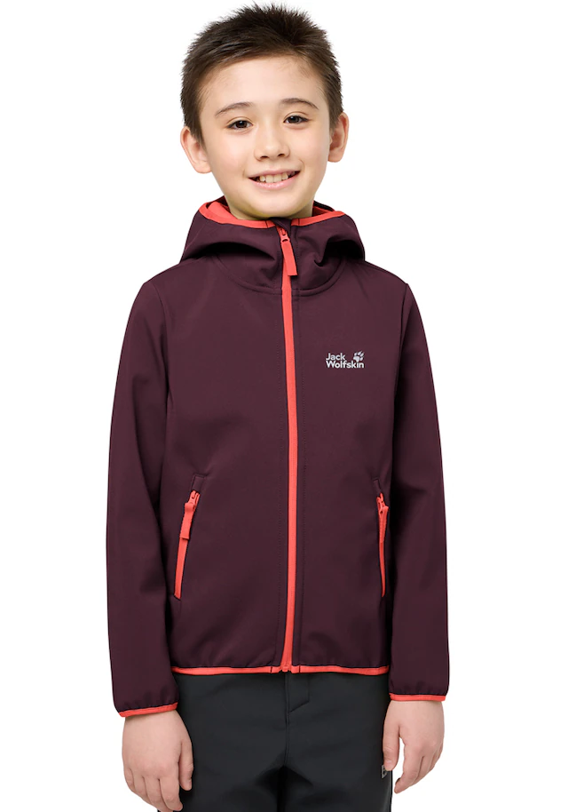 Jack Wolfskin Softshelljacke »FOURWINDS JACKET KIDS« mit Kapuze für Kinder, mit fest verbundener Kapuze, winddicht, gefüttert