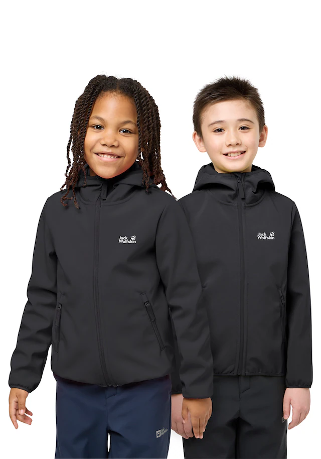Jack Wolfskin Softshelljacke »FOURWINDS JACKET KIDS« mit Kapuze für Kinder, mit fest verbundener Kapuze, winddicht, gefüttert