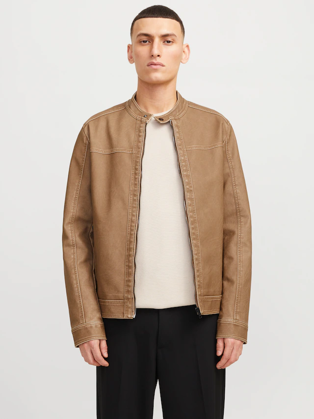 Jack & Jones Lederimitatjacke »JJEWARNER WASHED PU JACKET NOOS« ohne Kapuze mit Bandkragen
