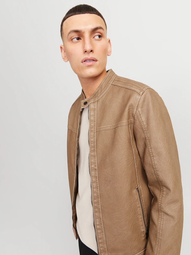 Jack & Jones Lederimitatjacke »JJEWARNER WASHED PU JACKET NOOS« ohne Kapuze mit Bandkragen