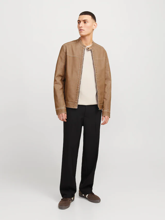 Jack & Jones Lederimitatjacke »JJEWARNER WASHED PU JACKET NOOS« ohne Kapuze mit Bandkragen
