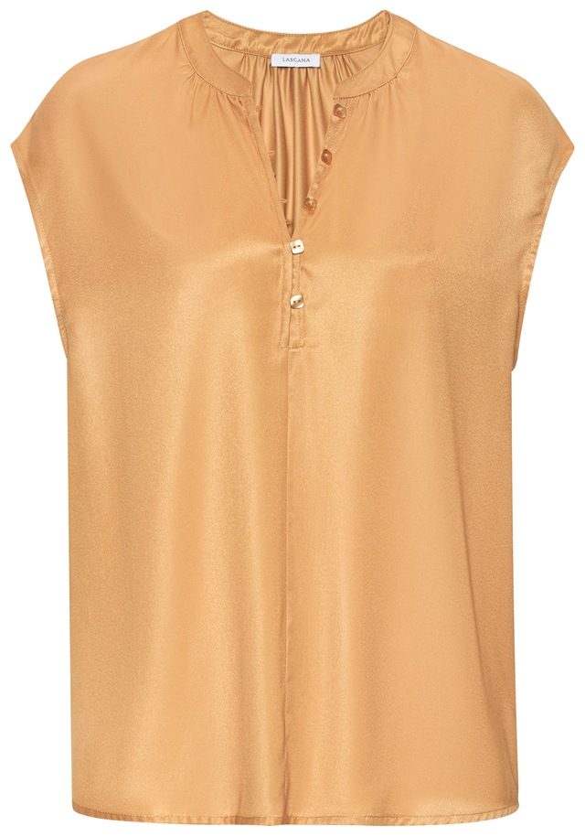 LASCANA Satinbluse »mit kurzen Ärmeln und kleiner Knopfleiste« Kurzarmbluse mit lockerer Passform, Partyshirt, Blusenshirt, festlich