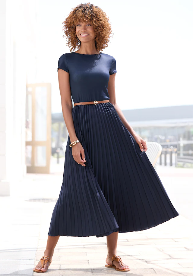LASCANA Midikleid »mit Plisseerockteil, bügelfreie Qualität« Ohne Taschen elegantes Sommerkleid, Festkleid, Plisseekleid, modisch