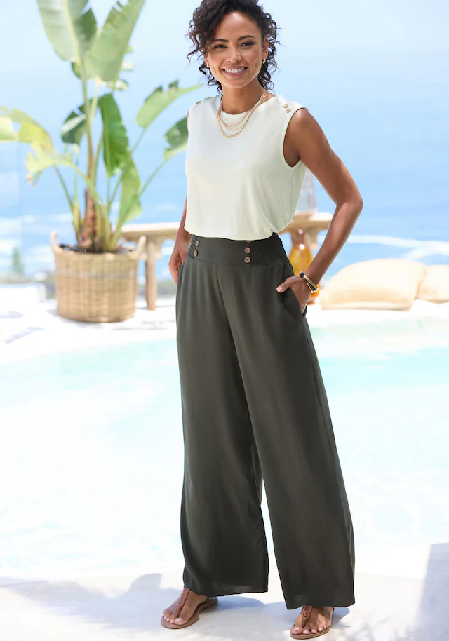 LASCANA Palazzohose »mit weitem Bein und Zierknöpfen« mit Taschen, luftige Sommerhose aus Webware, Wide-Leg