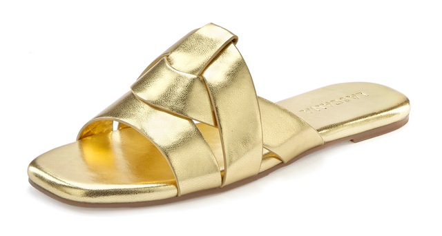 LASCANA Pantolette »Mule, Sommerschuh, offener Schuh, Sandale,« im modischen Metallic Look mit raffinierten Riemchen VEGAN