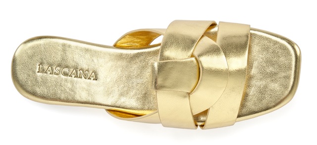LASCANA Pantolette »Mule, Sommerschuh, offener Schuh, Sandale,« im modischen Metallic Look mit raffinierten Riemchen VEGAN