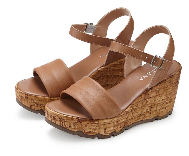 LASCANA Sandalette »Sommerschuh, offener Schuh, Sandale, Keilsandalette,« aus Leder mit Keilabsatz in Kork-Optik