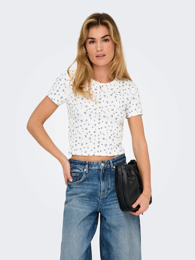ONLY Kurzarmshirt »ONLFENJA LIFE SS AOP TOP JRS NOOS« Baumwollmischung, Cropped Fit, Rundhals