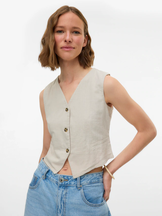 Vero Moda Kurzweste »VMCAIA SL VEST WVN NOOS« Baumwolle mit Leinen, figurbetonte Form