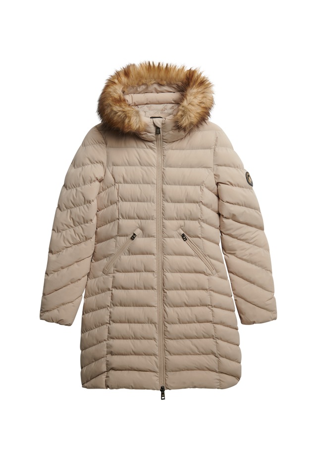 Superdry Steppjacke »FUJI FAUX FUR HOOD MID LENGTH« mit Kapuze Slim Fit, mit Reißverschluss, aus Polyester und Kunstfaser
